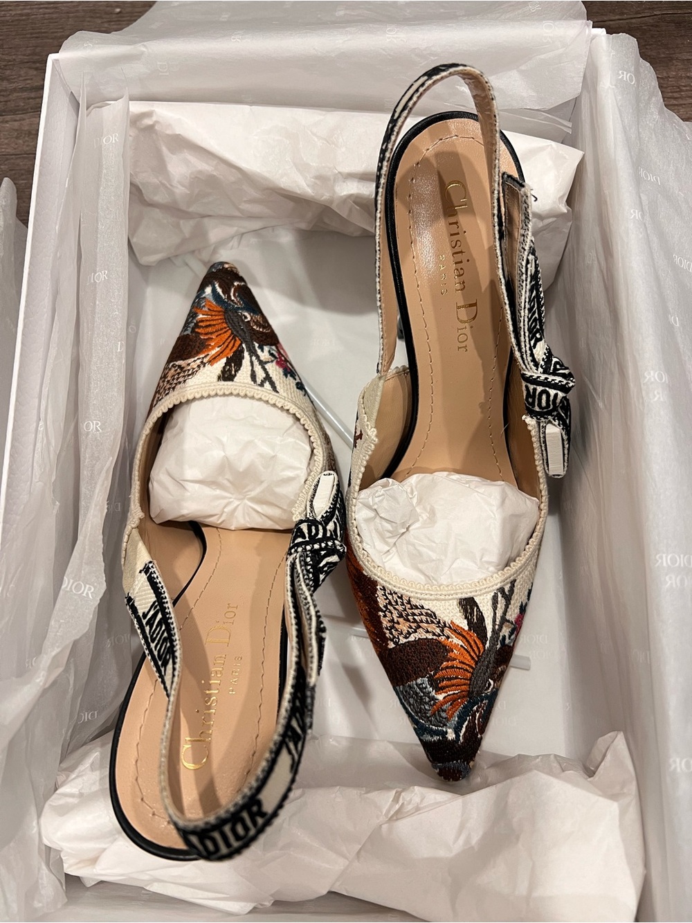 Dior J'Adior Embroidered Slingback Pumps in Cream, Pink, Blue & Brown - Picture 5 of 7
